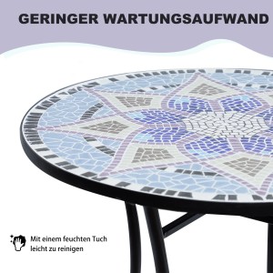 Outsunny Gartentisch mit Mosaikplatte in Blau-Weiß. Runder Tisch, pflegeleicht und rostfrei.