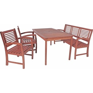 Gartentisch-Set Madison: Rechteckiger Holztisch (90x150 cm) mit Bank und zwei Stühlen in Natur.