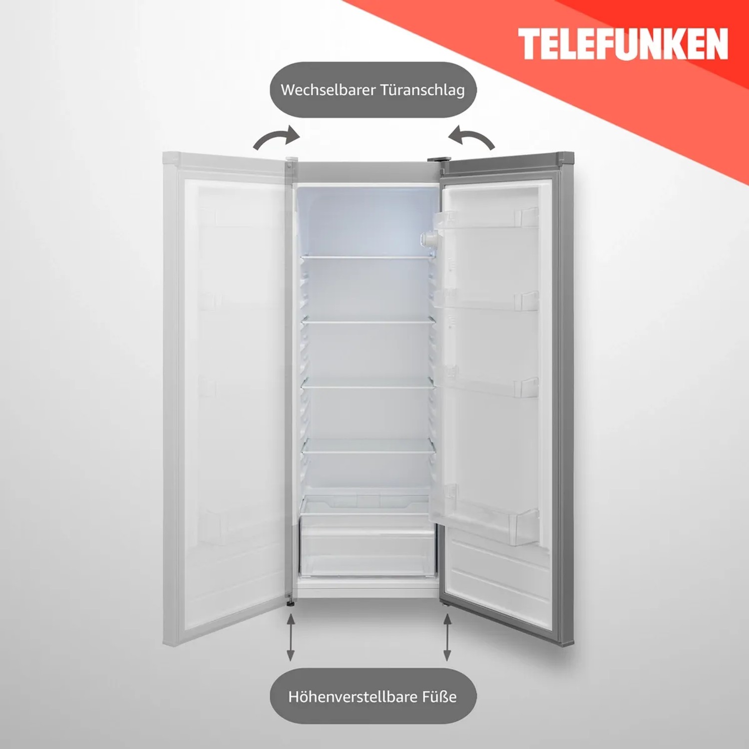 Telefunken Kühlschrank (255L) mit offenem Innenraum, Gemüsefach und LED-Beleuchtung.