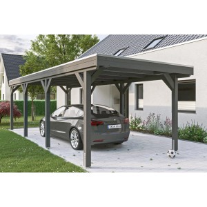 Skan Holz Carport Grunewald mit Aluminiumdach in Schiefergrau und Auto.