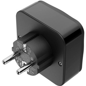 Schwarzer Hama Reiseadapter Typ E/F mit USB-C und USB-A Anschlüssen, 3-polig.