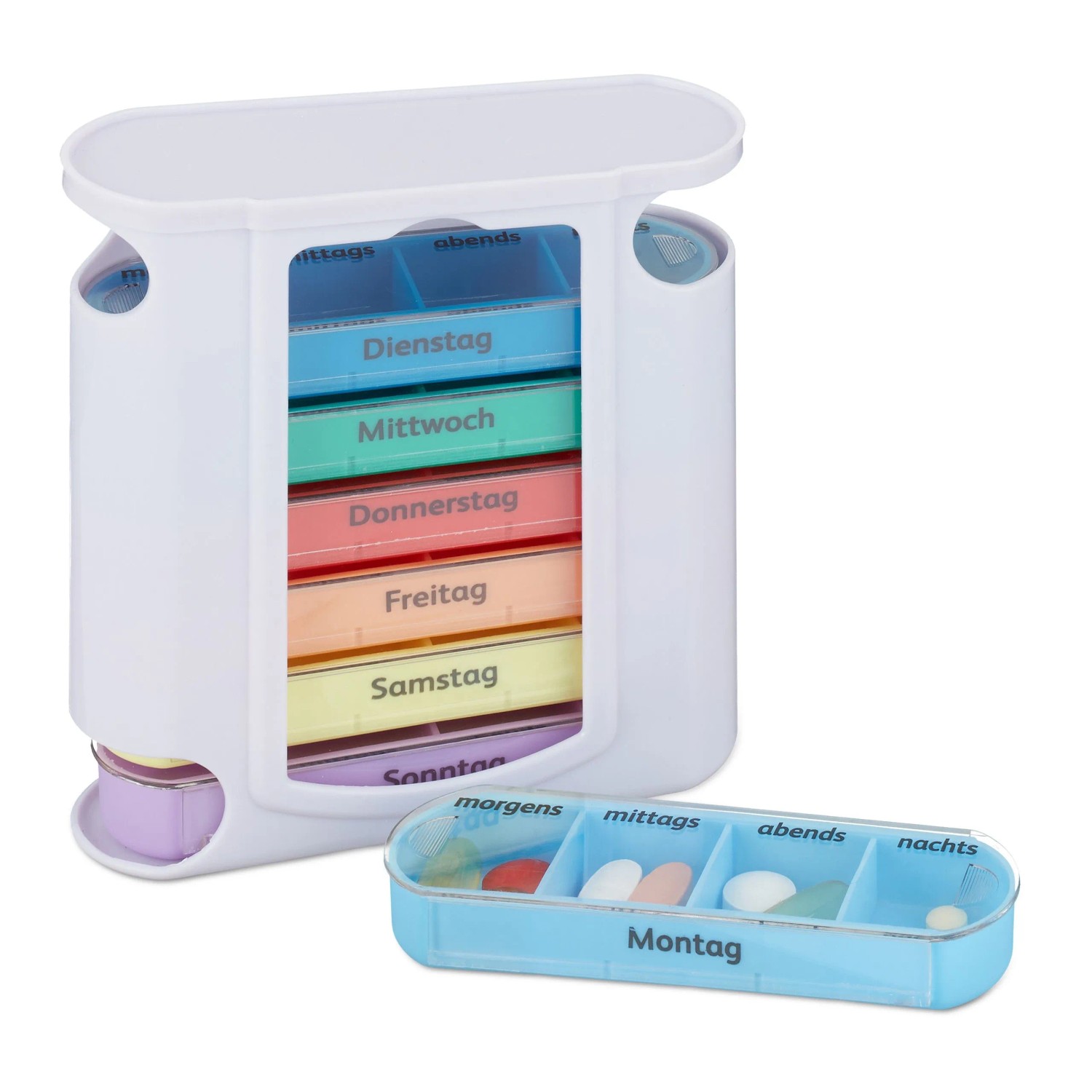 Relaxdays Pillendose Kunststoff Weiß Bunt 7 Tage 4 Fächer Schiebedeckel 13 cm x 11,5 cm x 4,5 cm 170 g