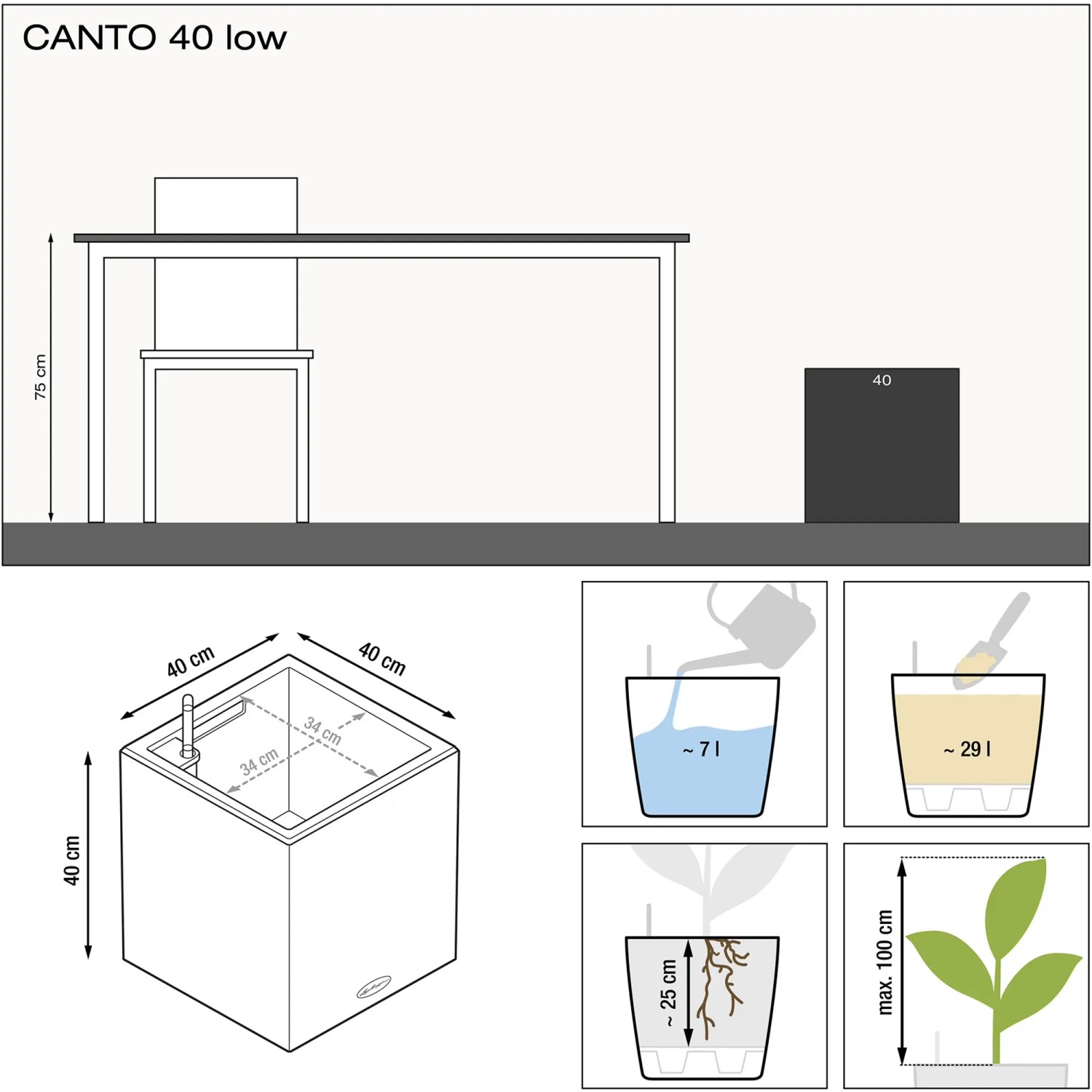 Lechuza Canto Premium low 40, weißer Pflanzkübel (40x40cm) mit Bewässerungssystem, Schemazeichnung.