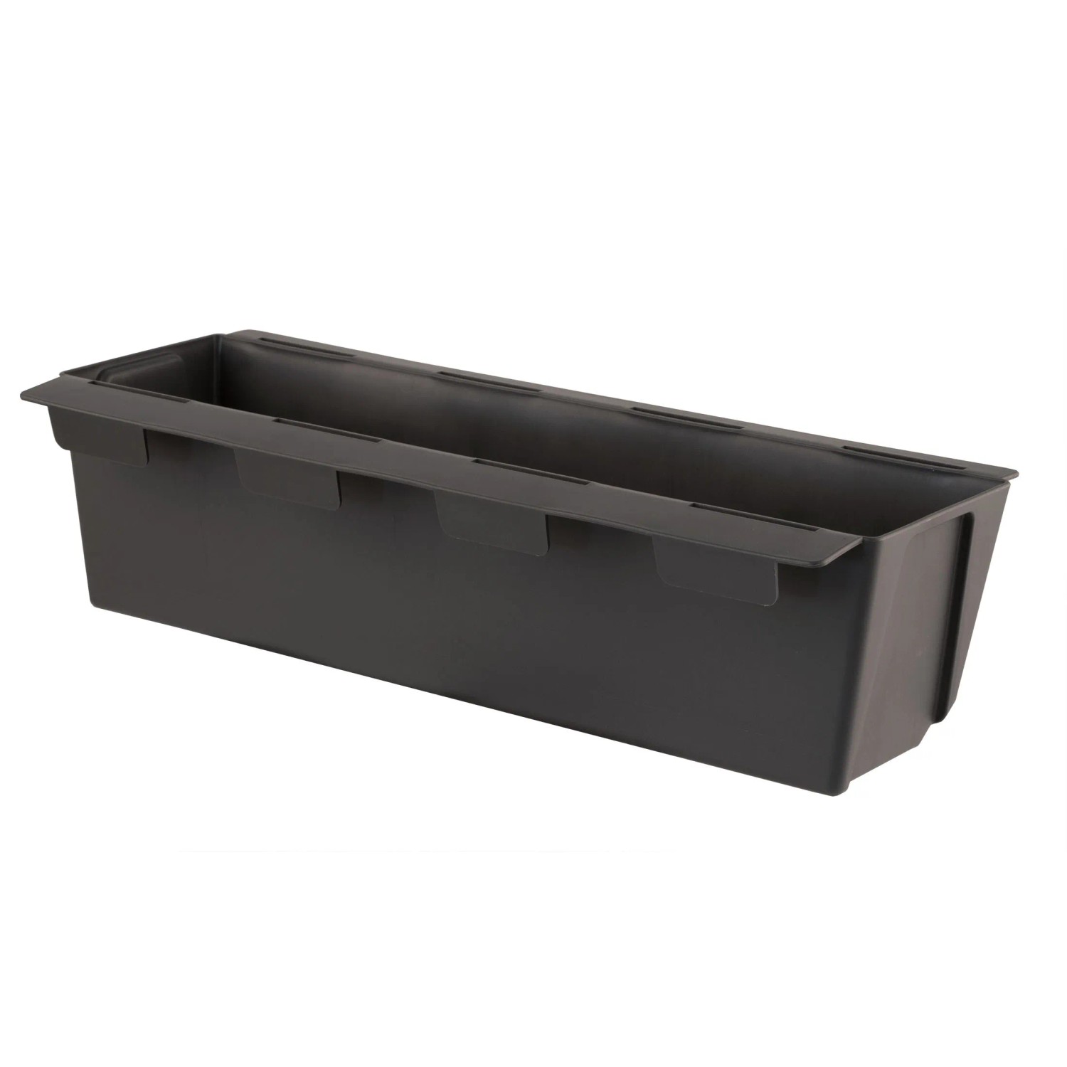 Anthrazitfarbener Paletten Blumenkasten 37cm aus Kunststoff mit Hängesystem. Robuster Pflanzkasten für Balkon.
