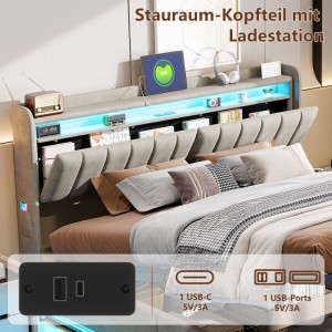 PXloue Doppelbett Bett mit Stauraum LED&USB Grau Leinen 140x200cm