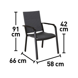 Stapelbarer Gartenstuhl Pacora II aus Textilen mit Aluminiumgestell und Armlehnen, Maße eingezeichnet.