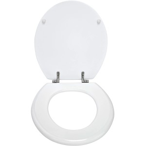 Weißer Wenko WC-Sitz Prima aus MDF mit Edelstahlbefestigung, geeignet für Spülkästen.