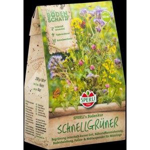 Sperli Gründünger Bodenkur Schnellgrüner 250g Packung mit blühenden Pflanzen und Schmetterling.