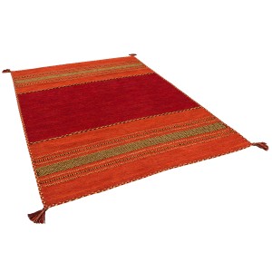 Handgewebter, roter Pergamon Natur Teppich Kelim Navarro, 70x140 cm, mit Fransen.