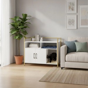 Relaxdays Katzenschrank Holzwerkstoff Stahl Weiß/Gold Mit 2 Türen 74 cm x 90 cm x 45 cm 20,6 kg