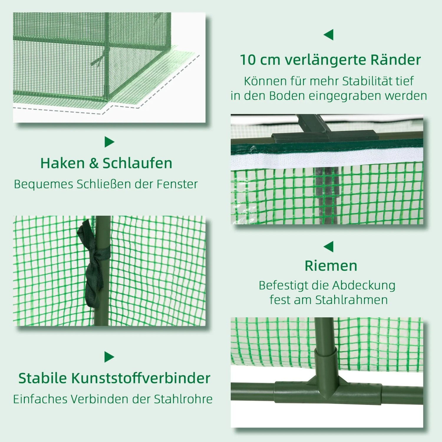 Details des grünen Furnicato Foliegewächshauses: Befestigung, Verbinder, Ränder und Fenster.