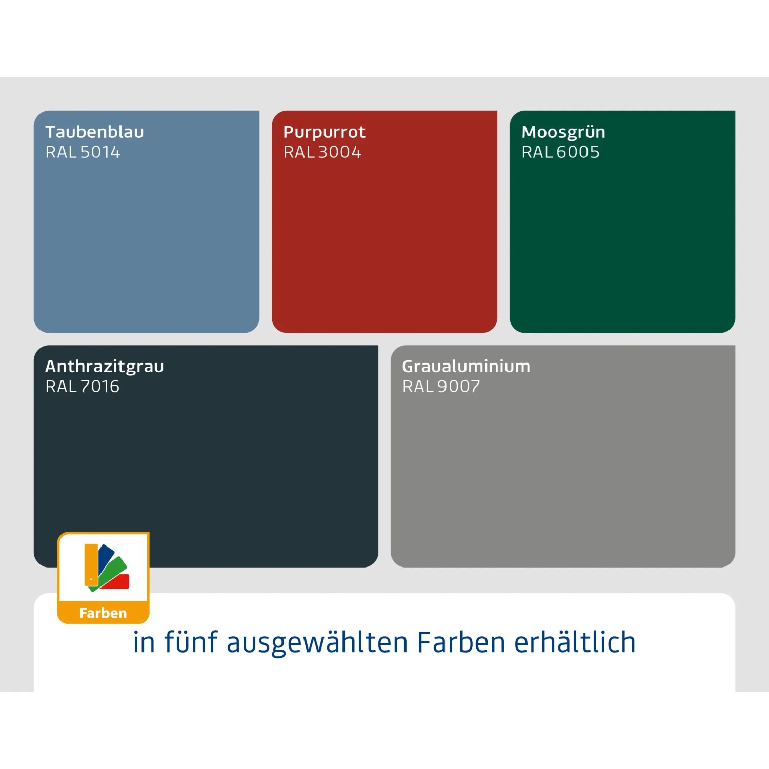 Farbauswahl für EcoStar Kaminholzregal: Taubenblau, Purpurrot, Moosgrün, Anthrazitgrau, Graualuminium.