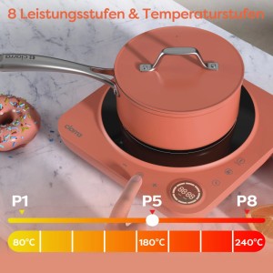 CIARRA Induktionskochplatte mit Topf, 2000W, 8 Stufen, Touch-Control. Kompakte Elektrokochplatte für Camping.