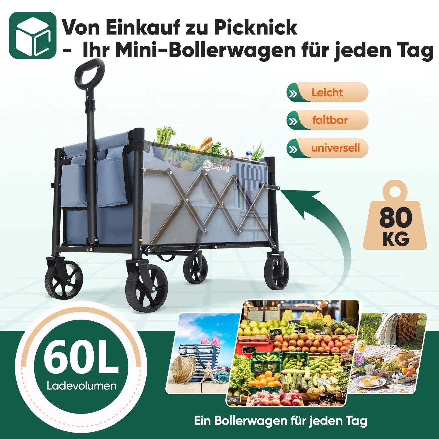 Blauer Sekey Bollerwagen, faltbar, 60L Volumen, 80kg Tragkraft. Ideal für Camping, Einkauf und Strand.