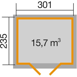 Grundriss weka Gartenhaus 122 Gr.4: 301x235cm, 15,7 m³ Volumen.