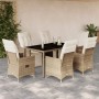 7-tlg. Garten-Bistro-Set: Beige Poly Rattan Möbel mit Tisch, Stühlen und Kissen für Garten oder Terrasse.