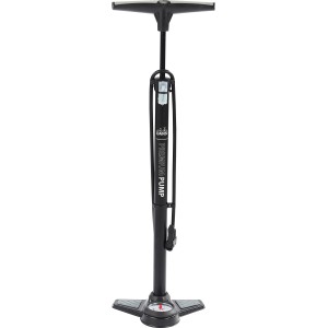 Schwarze Standpumpe aus Stahl zum Aufpumpen von Fahrradreifen mit Manometer.