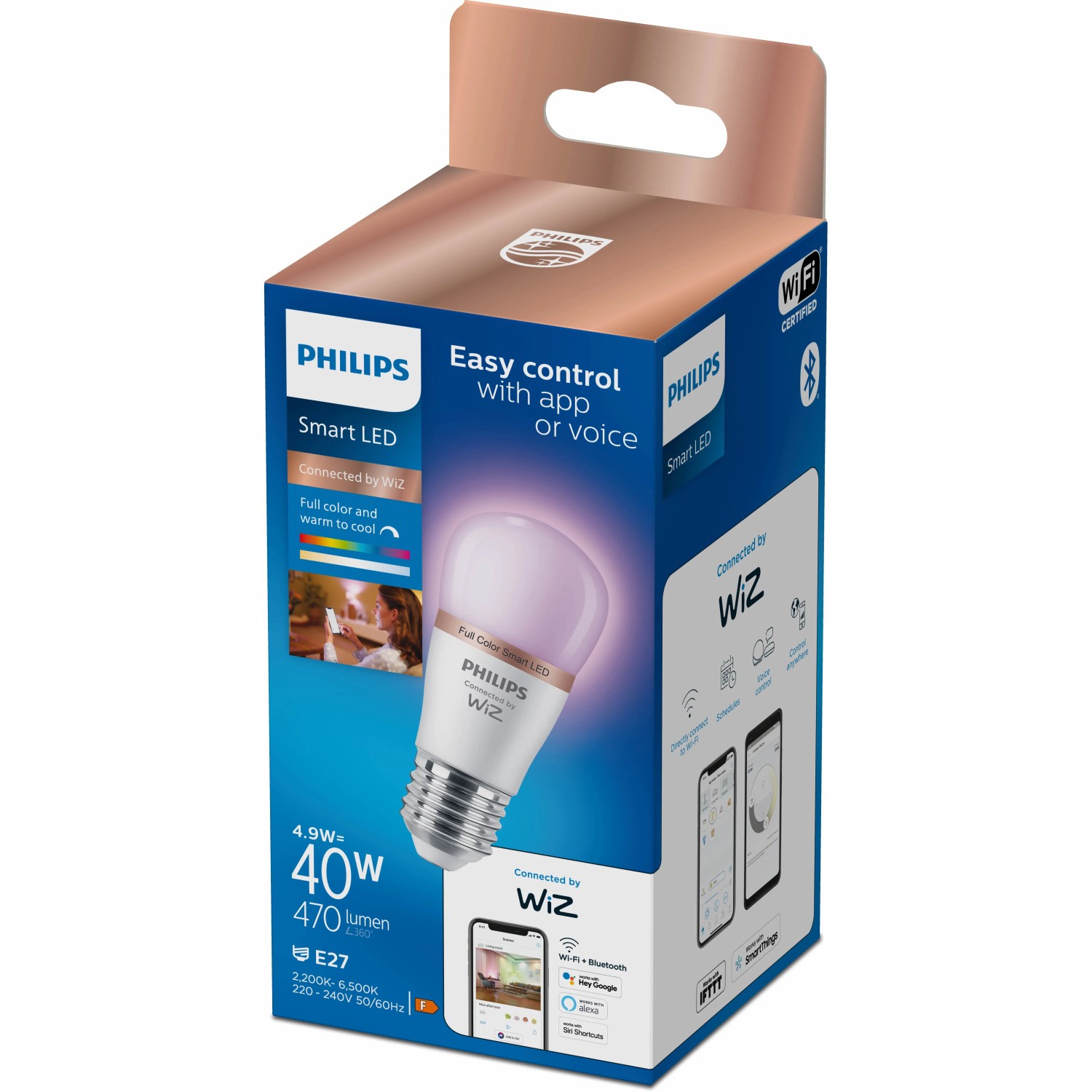 Philips Smart LED Lampe, 40W, E27, Tropfenform, Tunable White & Color im Karton.