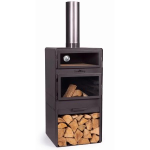 CookKing Terrassenofen Vento Plus mit Pizzaofen, Stahl schwarz, inkl. Holzfach und Thermometer.