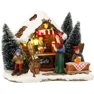 Beleuchtetes Skicafe als Weihnachtsdeko mit Figuren, 15x14x11 cm.