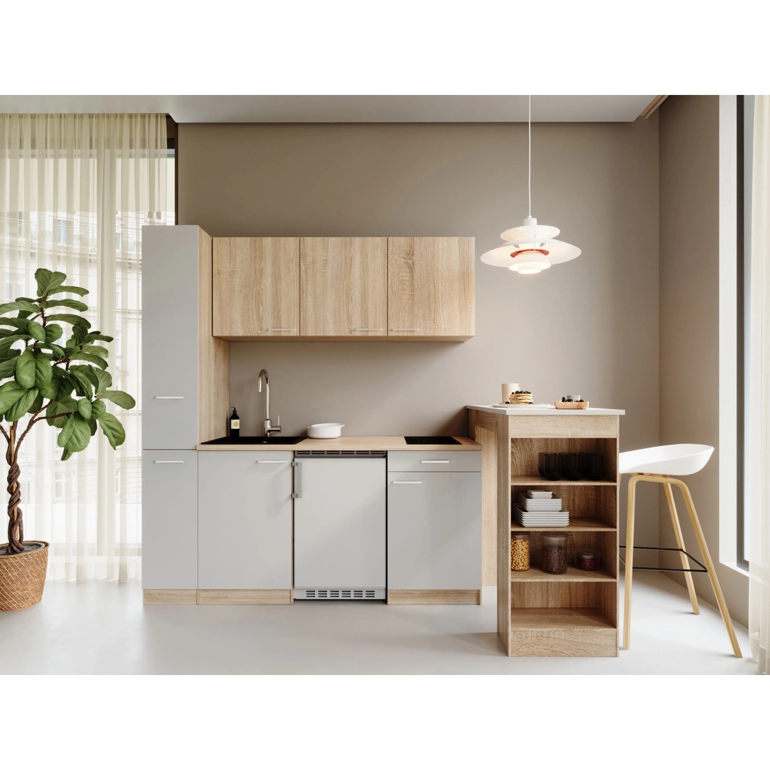Respekta Ingrid Singleküche 180 cm Weiß mit Bartisch mit Apothekenschrank
