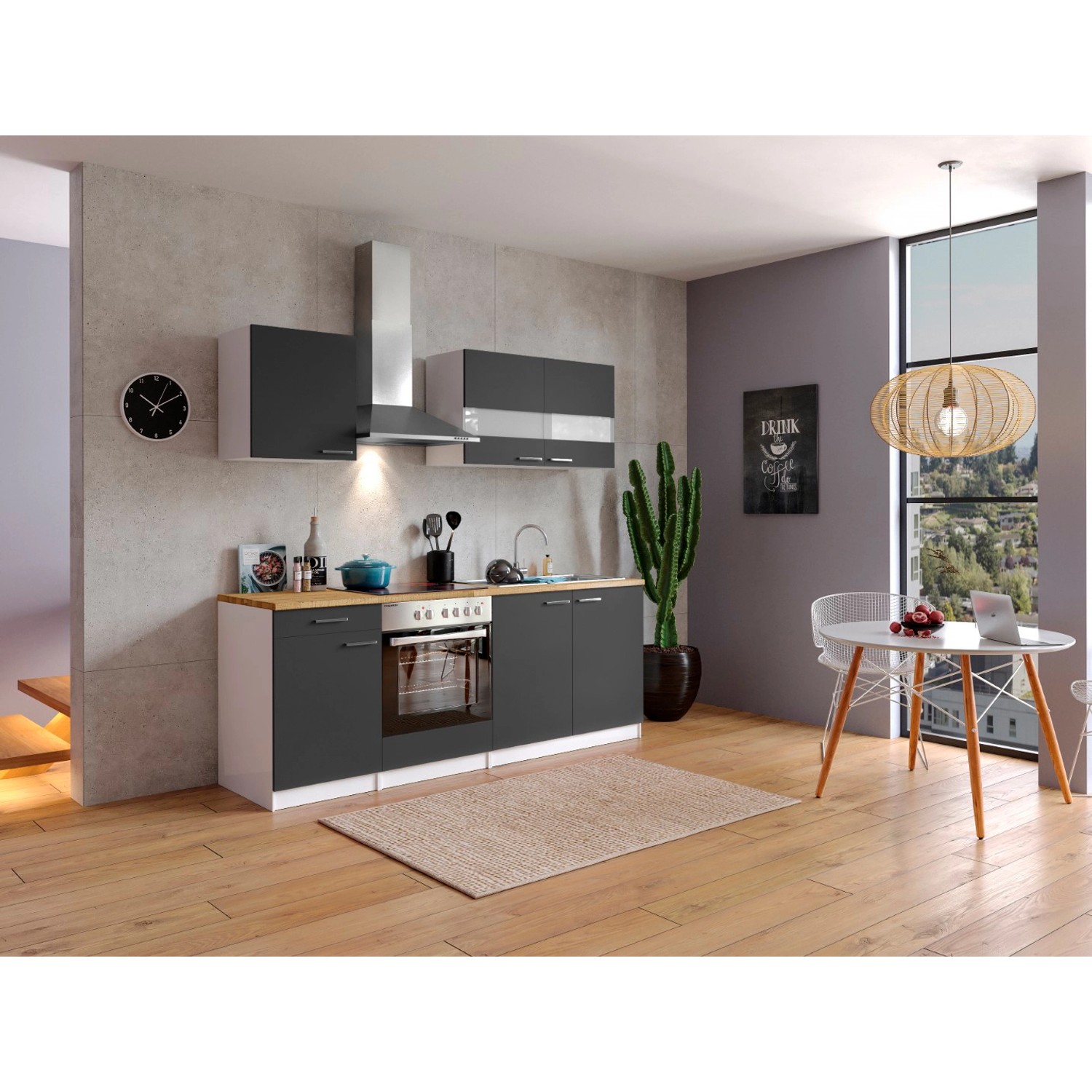 Respekta Küchenzeile/Küchenblock KB210WGC 210 cm Grau-Weiß