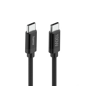 Schwarzes Hama USB-C Ladekabel (100W, 1,5m) mit Nylon-Ummantelung.