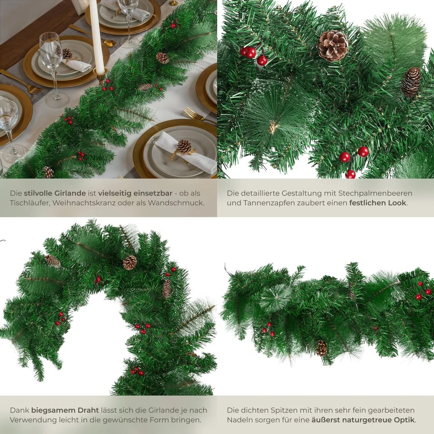 Tectake Weihnachtsgirlande mit Tannenzapfen und Beeren, 270cm, rot und grün.