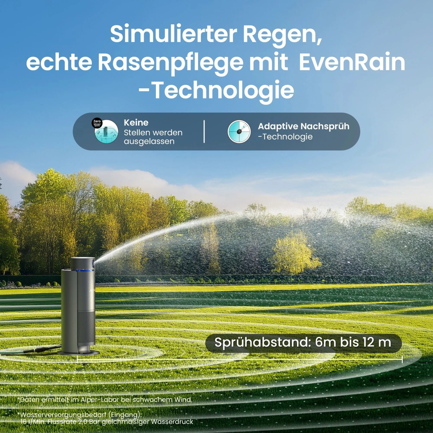 Aiper Irrisense 2 Bewässerungssystem im Einsatz: Intelligente Rasenbewässerung mit EvenRain Technologie.