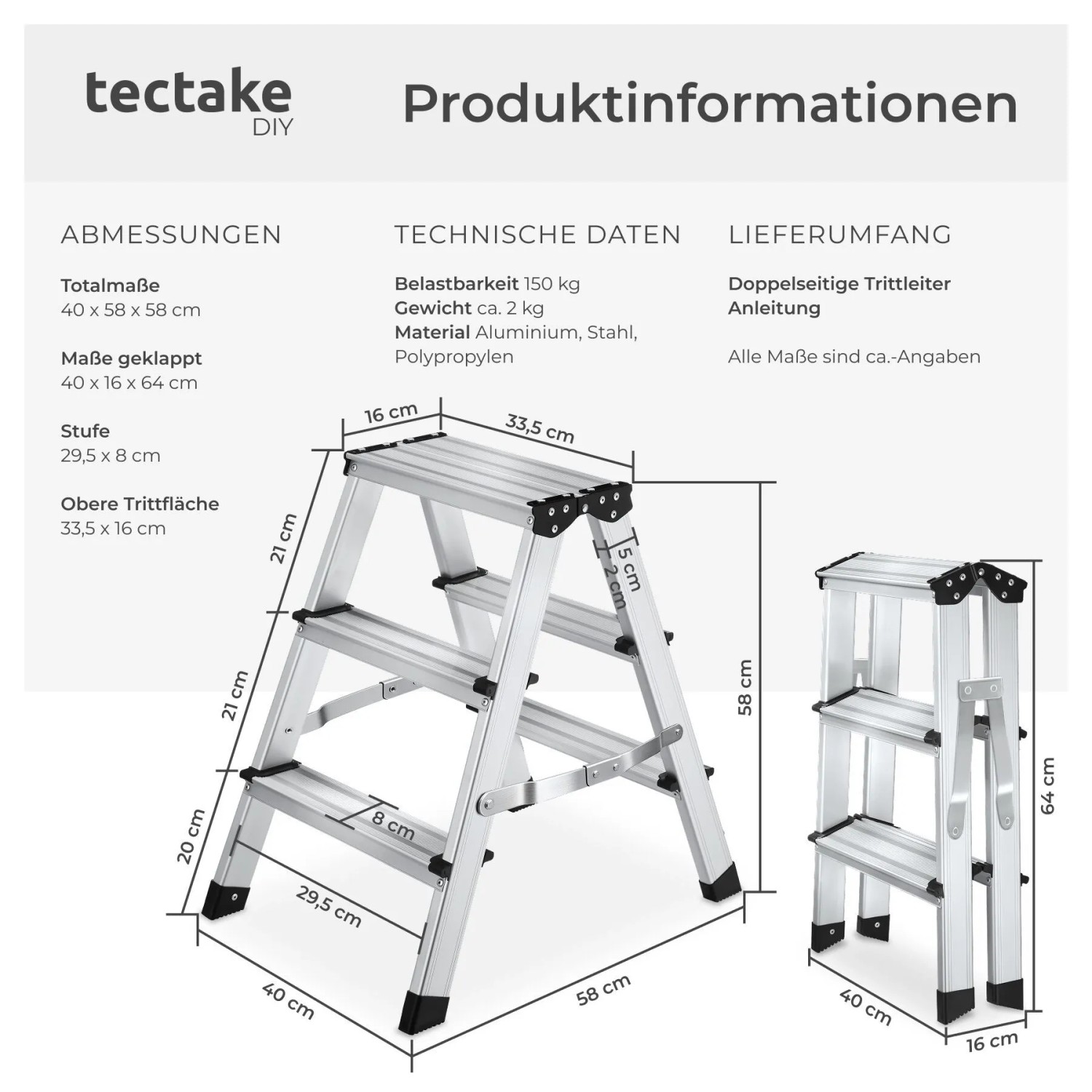 Silberne Tectake Aluminium Trittleiter mit 3 rutschfesten Stufen, offen und zusammengeklappt. Ideal für Haushalt & Werkstatt.