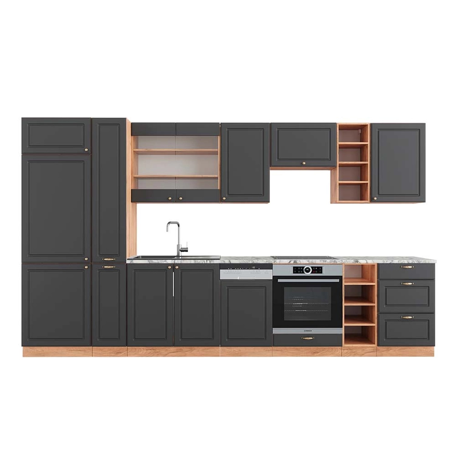 Vicco Fame-Line Küchenzeile Anthrazit Landhaus/Goldkraft Eiche 355 cm AP Ma günstig online kaufen