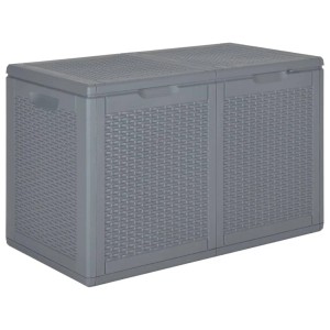 Graue VidaXL Gartenbox aus Rattan-Optik, 180 Liter Fassungsvermögen.