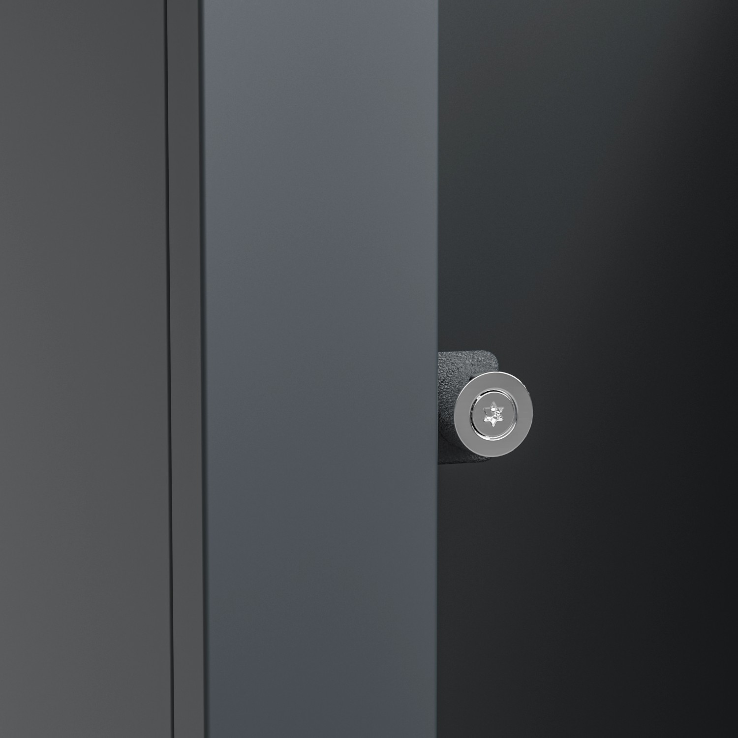 Detailaufnahme: Westmann Mülltonnenbox Lacina, anthrazitfarbener Stahlkorpus mit Schloss.