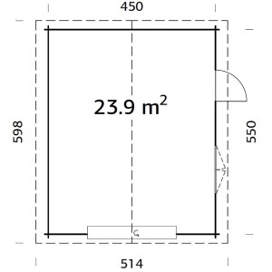 Grundriss Palmako Holzgarage Roger, 450x550 cm, braun, mit Sektionaltor, Tür und Fenster.