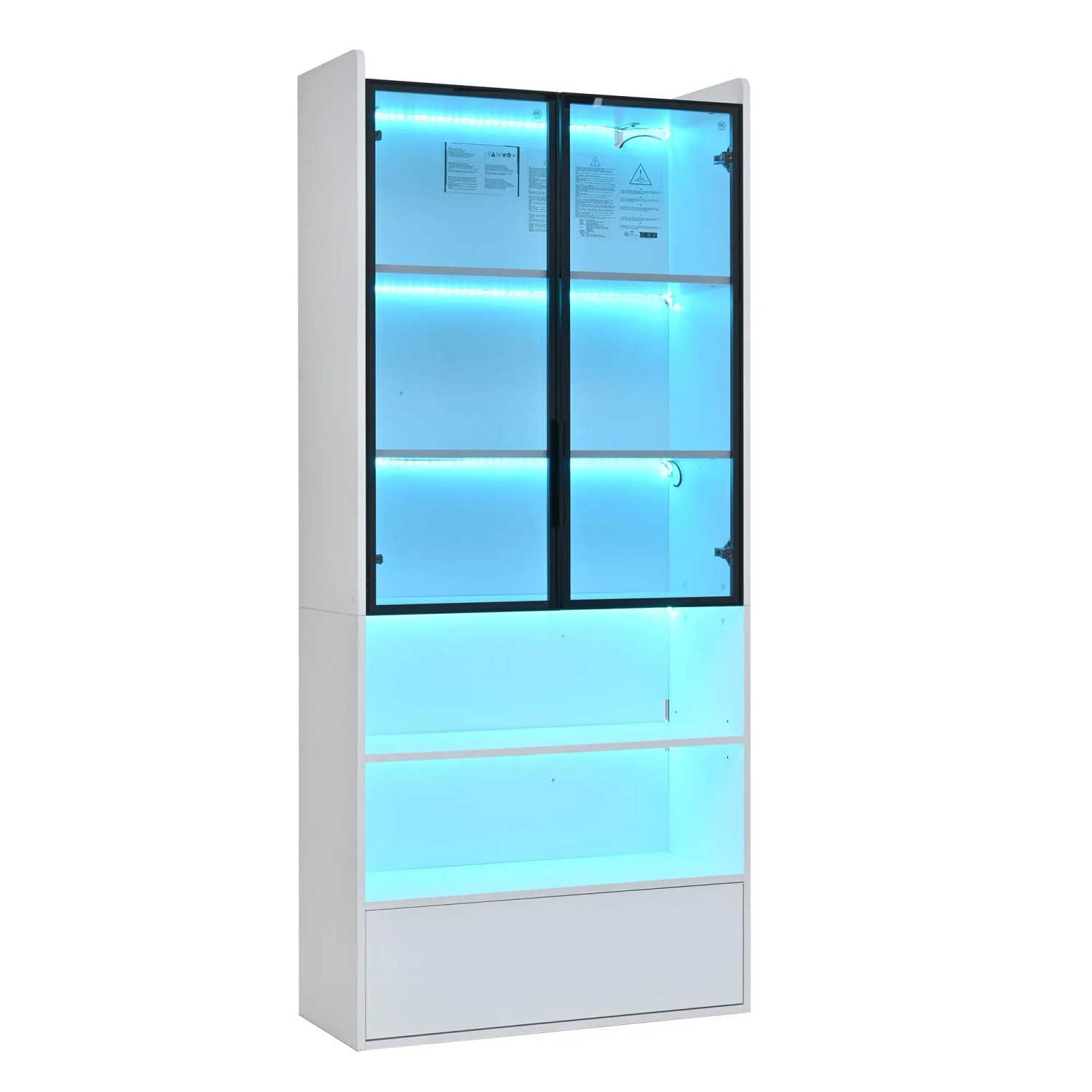 Merax Vitrine 80x34x180cm LED Glas Türen Schublade Weiß