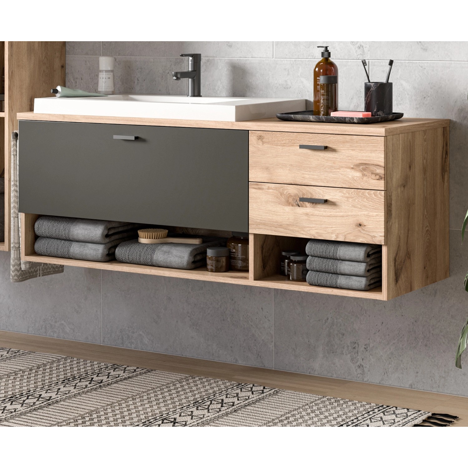 Inn.Furn Waschtisch Eiche Grau Matt 138 cm mit Waschbecken Oderzo günstig online kaufen