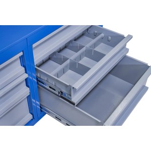 Güde Werkbank P 1200 SS: Schubladen mit Facheinteilung, grau-blaue Werkbank.