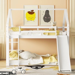 Weißes okwish Kinderbett Etagenbett mit Rutsche und Leiter, 90x200 cm.