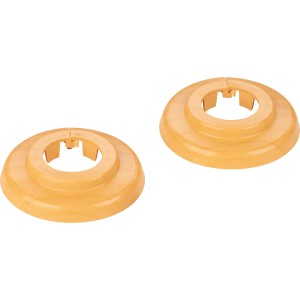 Zwei Klapprosetten (Ø 15 mm) in Bucheoptik zum Abdecken von Rohrdurchführungen.