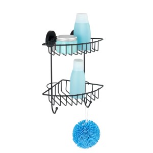 Schwarzes Wenko Eckregal Bari mit 2 Etagen und Badartikeln, befestigt mit Vacuum-Loc.