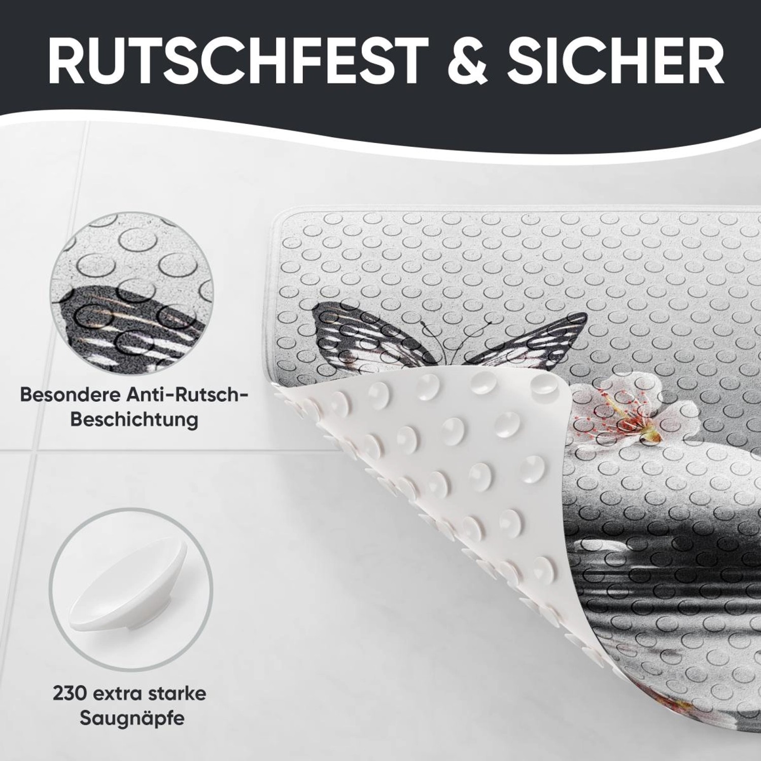 SANILO Badematte Vanesa mit Schmetterlingsmotiv und Anti-Rutsch-Beschichtung für sicheren Halt in der Badewanne.