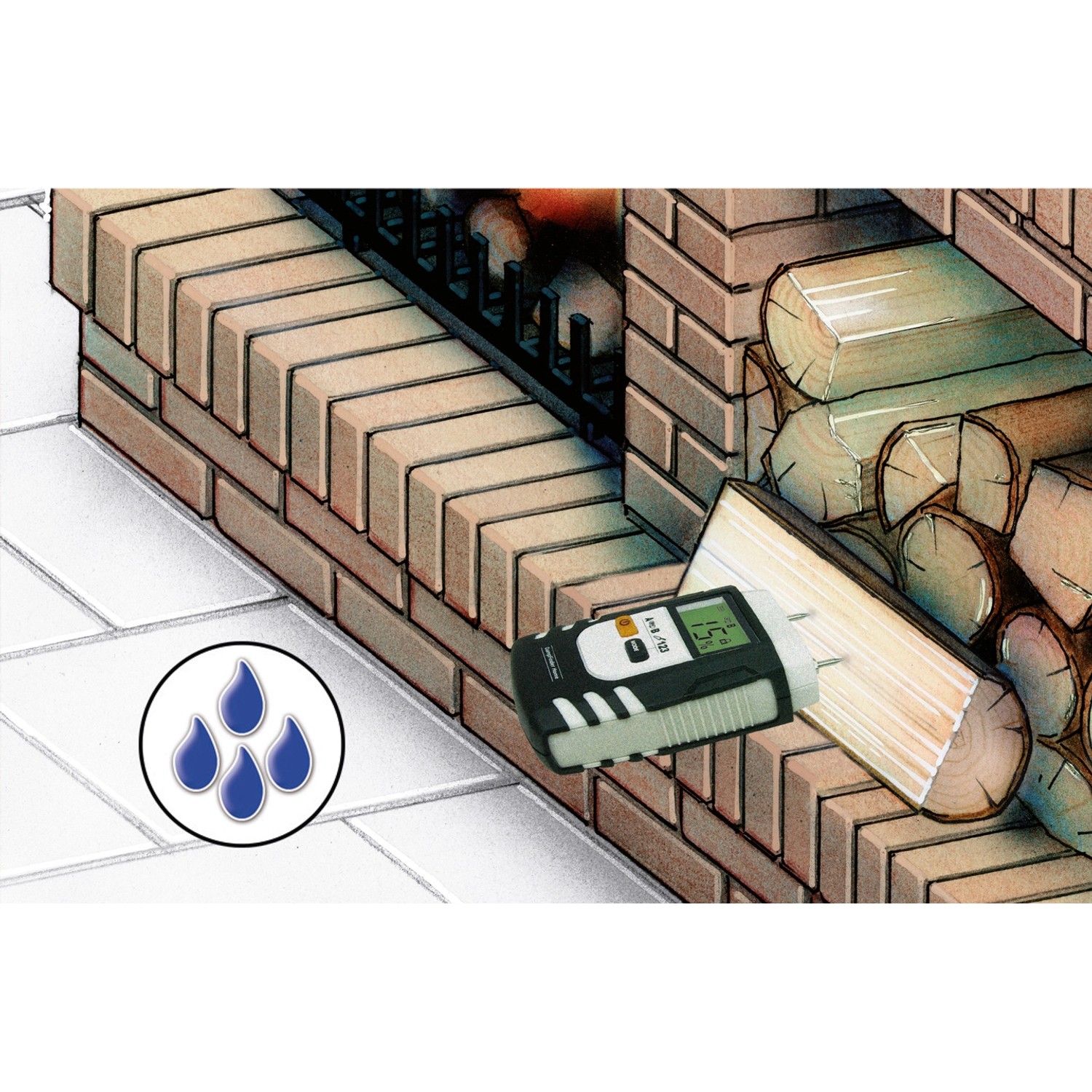 Laserliner DampFinder Home Feuchtigkeitsmesser bei der Holzfeuchte-Messung am Kaminholz.