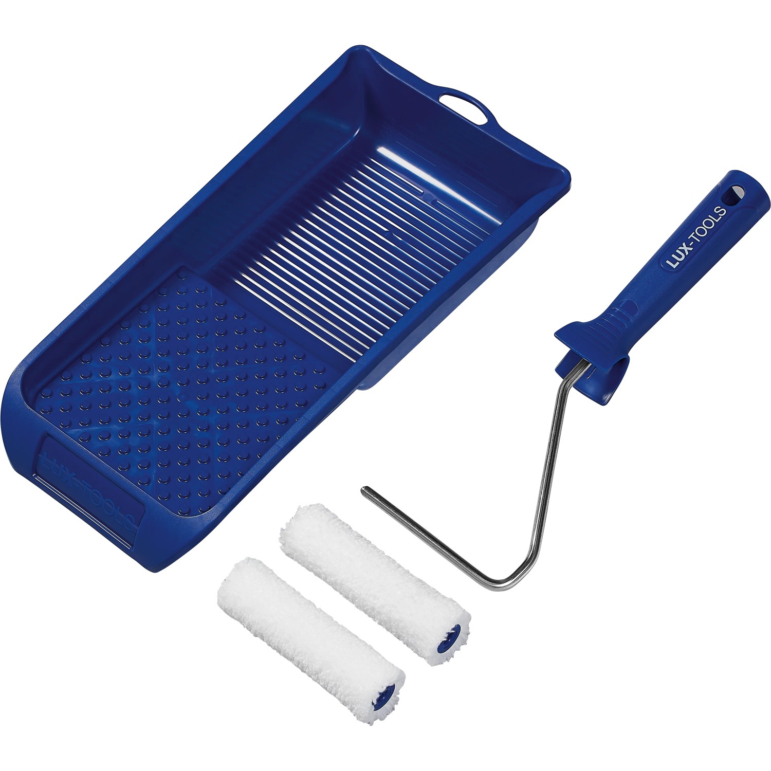 LUX Streich-Set Lasur, 4-teilig: Farbwanne, Farbrollerbügel und zwei Microfaser-Walzen.