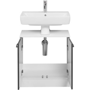 Pelipal Waschbeckenunterschrank Schwerin, weiß, 60 cm breit, mit geöffneten Türen.