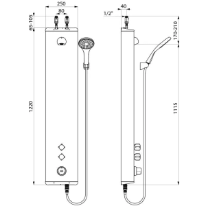 Delabie SECURITHERM Dusch-Element Thermostat, Edelstahl Aufputz, technische Zeichnung mit Maßen.