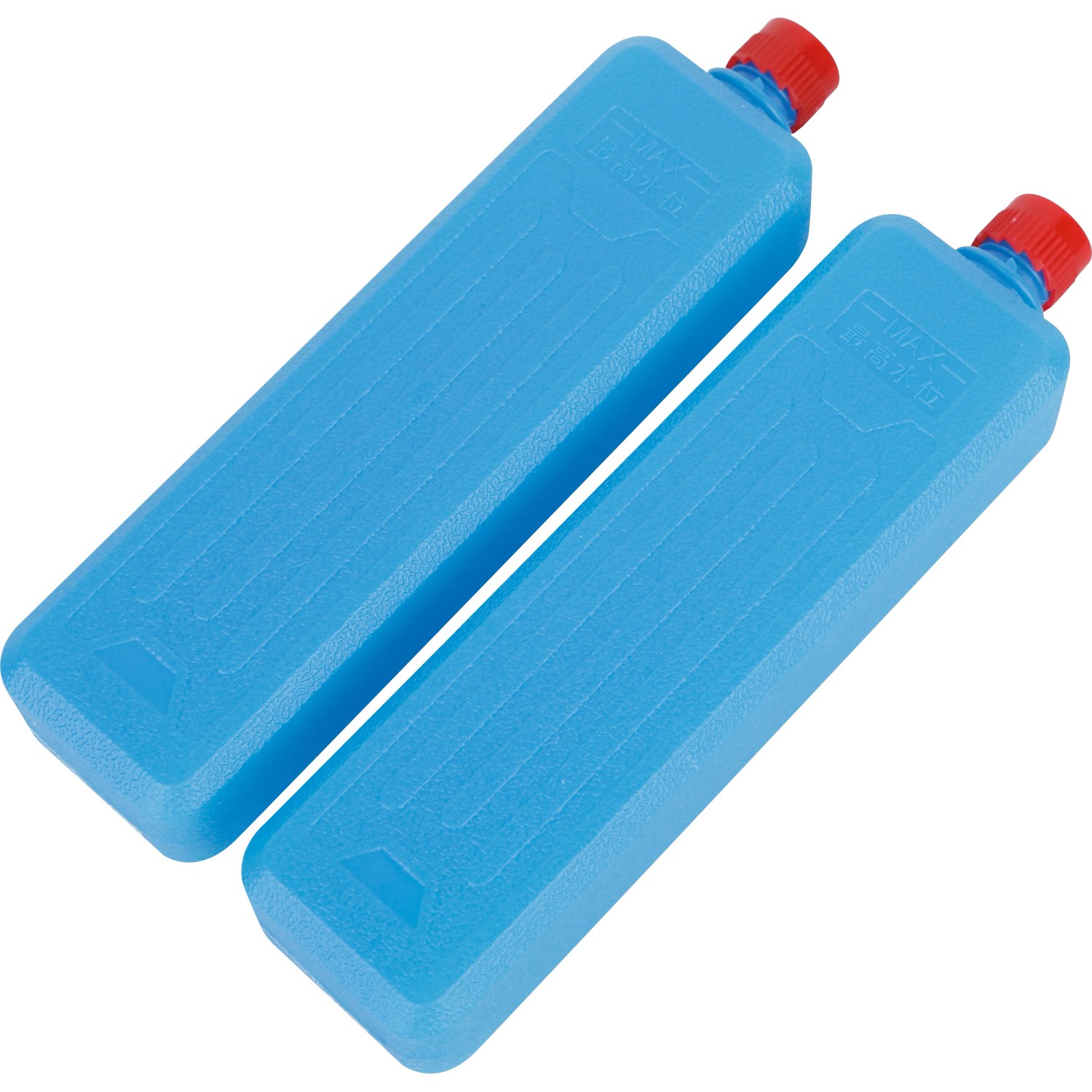 Zwei blaue Kühlakkus mit rotem Verschluss für Ventilatoren und Kühlboxen.