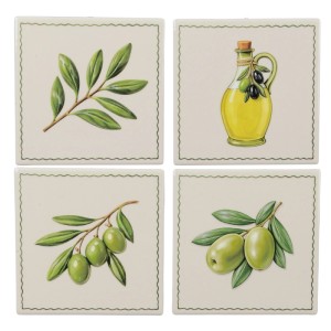 Vier quadratische Decoris Wandfliesen aus Dolomit mit Olivenmotiven: Olivenzweig, Olivenölflasche, grüne Oliven. Mediterrane Deko.