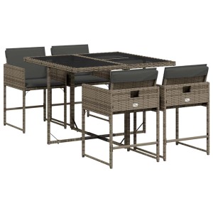 Graue 5-tlg. vidaXL Garten-Essgruppe aus Poly Rattan mit Tisch und Stühlen inklusive Kissen.
