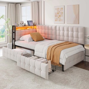 Beiges Merax Polsterbett 90x200cm mit LED, USB-C & 2 Schubladen. Ideal als Schlafsofa oder Kinderbett.