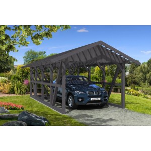 Grauer Skan Holz Carport Schwarzwald mit Dachlattung und Abstellraum (424x772cm).